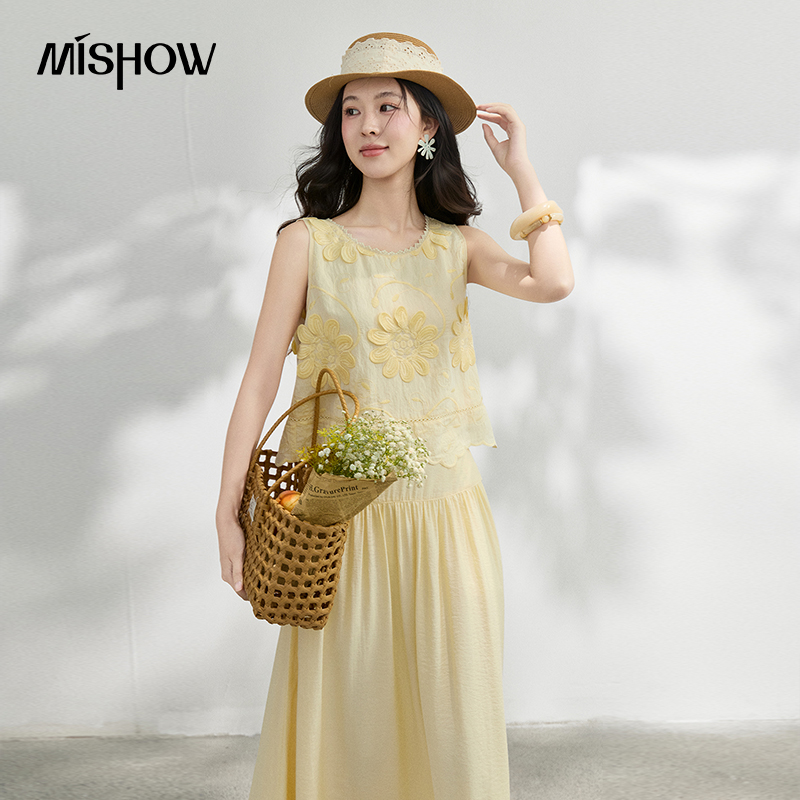 Midi Skirt Floral - MISHOW Französische Bluse mit Blumenstickerei, einfarbiges