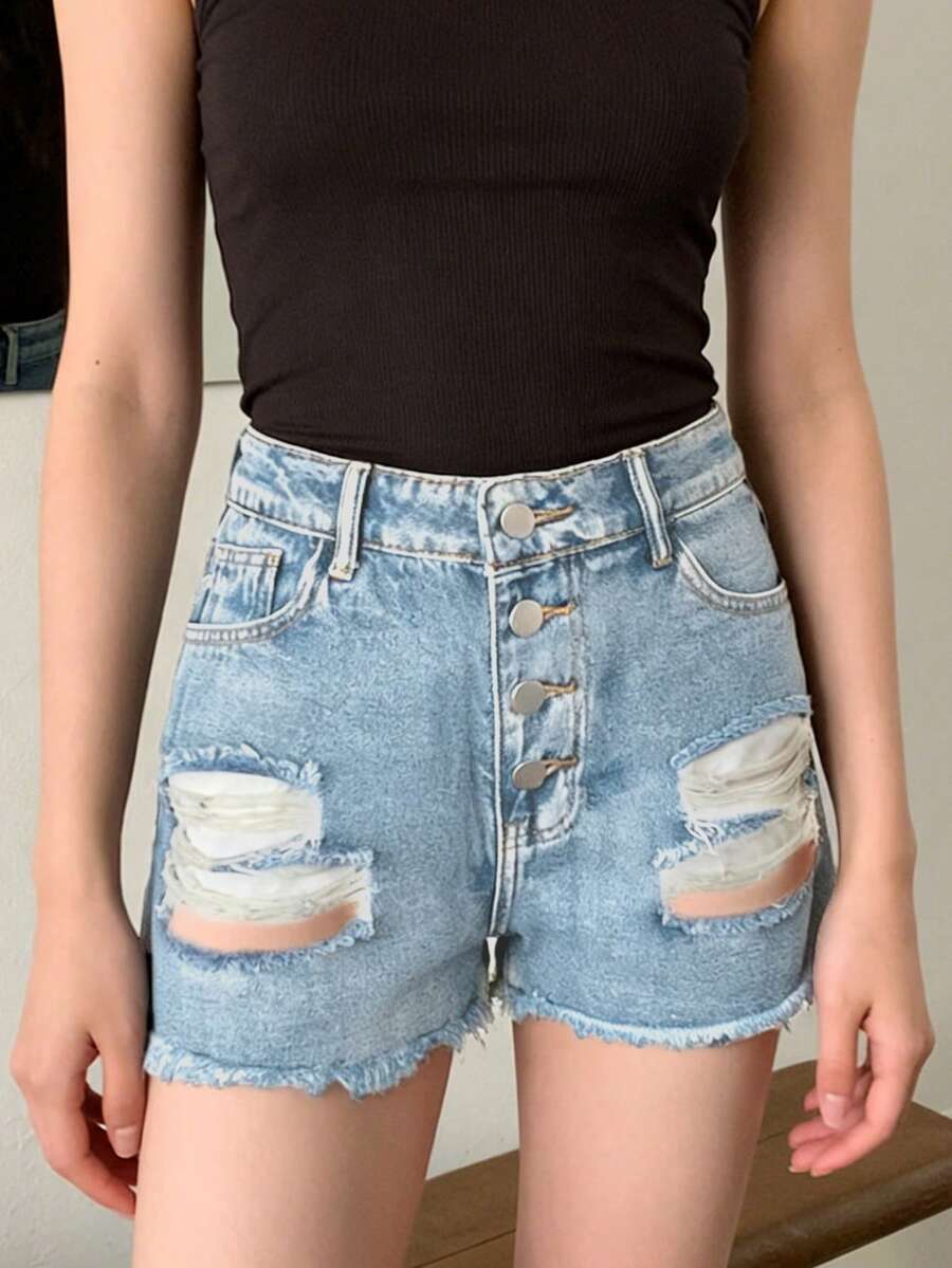 Shorts Denim Frayed - Damen-Jeansshorts mit mittelhohem Bund, Distressed-Look, Fransen,