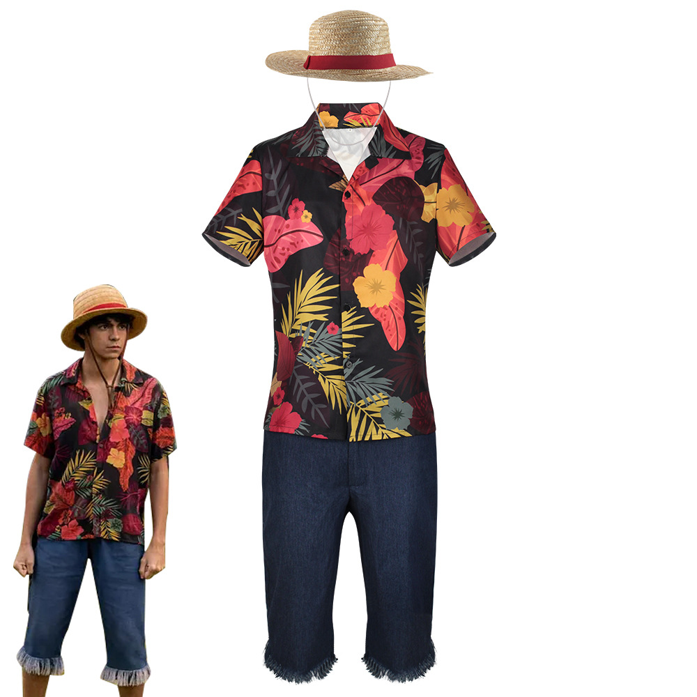 Shorts Denim Frayed - Herren-Set mit tropischem Blumenhemd und ausgefransten
