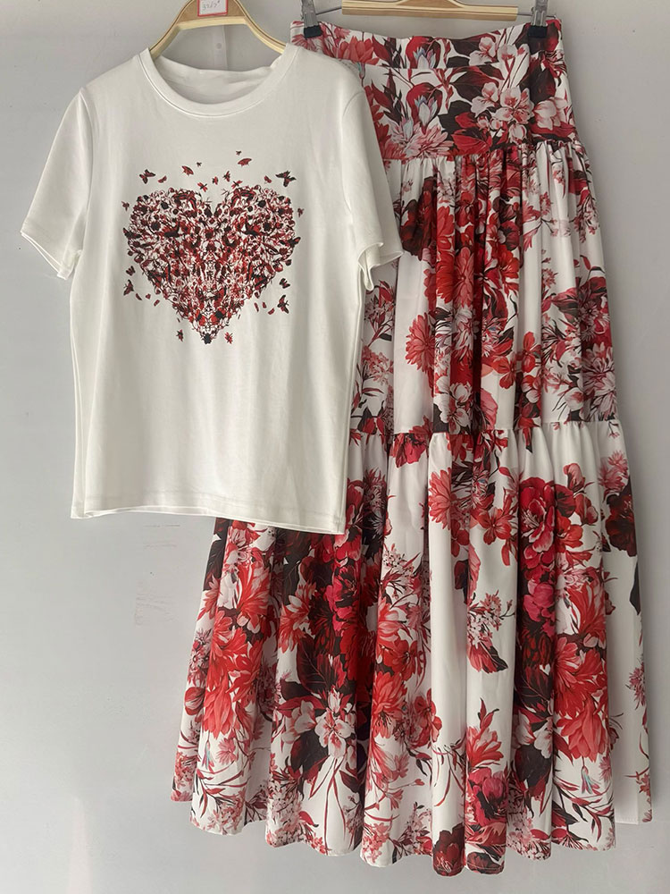 Midi Skirt Floral - 2026 Neues Sommer-Damen-Set mit Blumenmuster, Rundhals-Kurzarm-Oberteil,