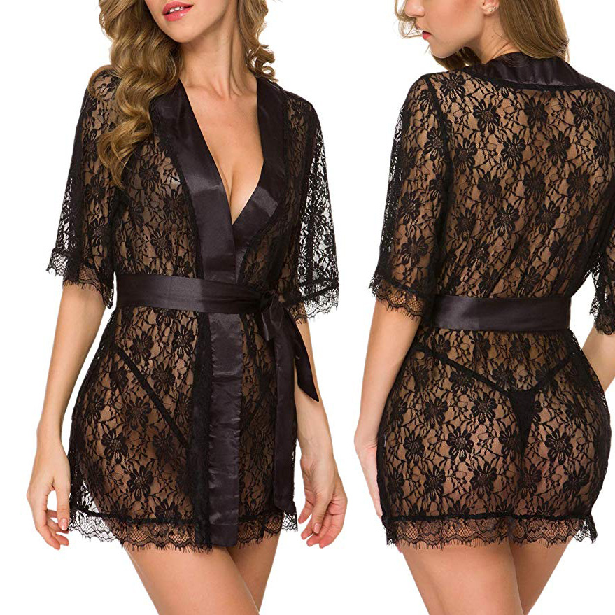 Kimono Sheer Floral - Blumenspitze V-Ausschnitt Lingerie Nachthemd für Damen
